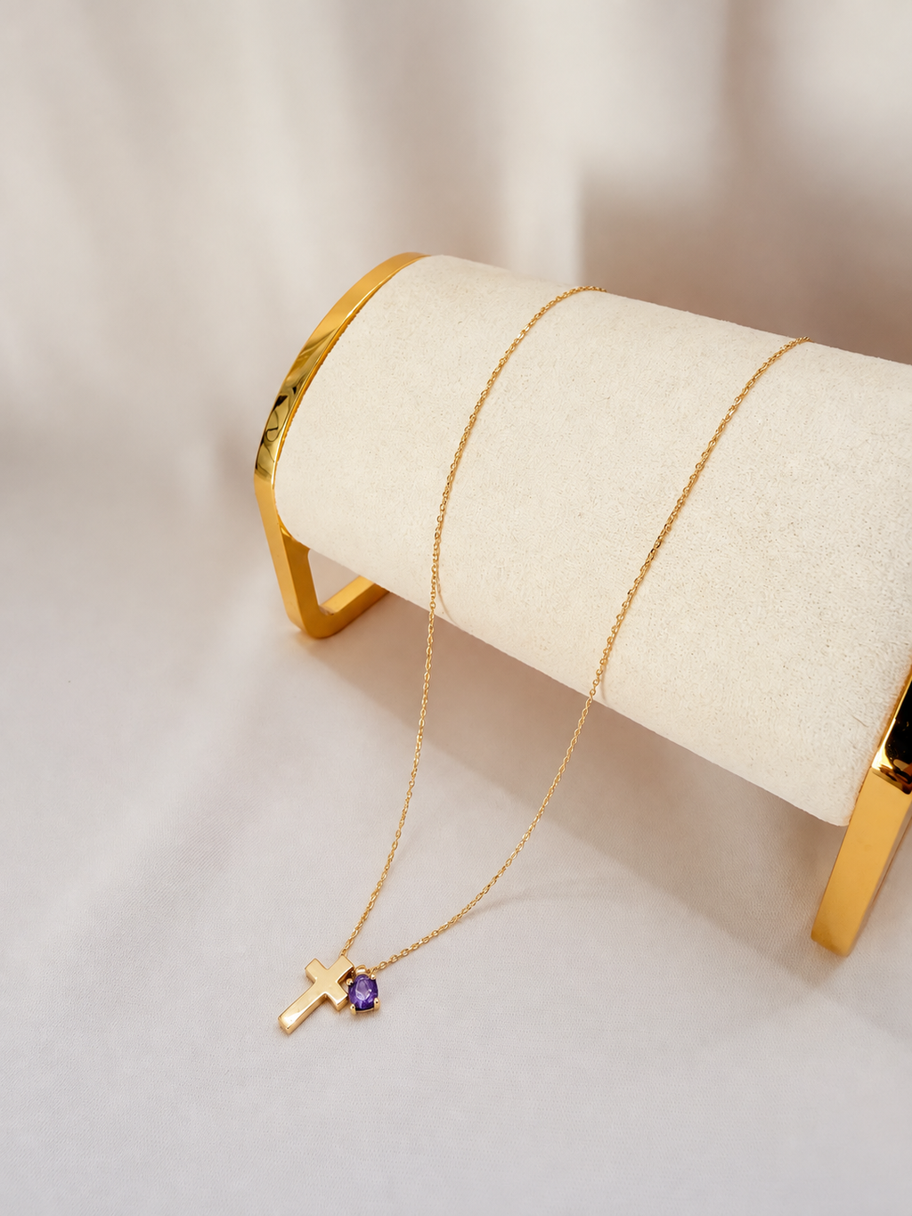 Cadena Cruz y Piedra 14k adjustable 45cm