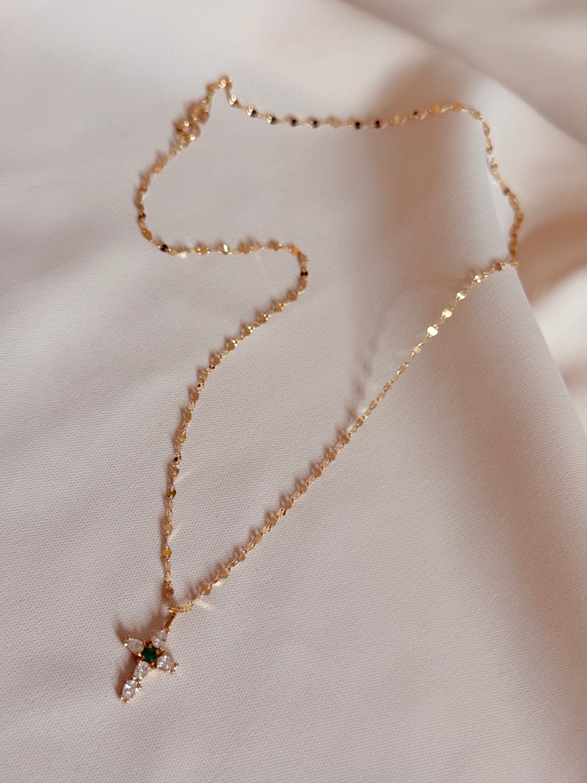 Emerald Zirconia Cross Necklace 40cm 18K