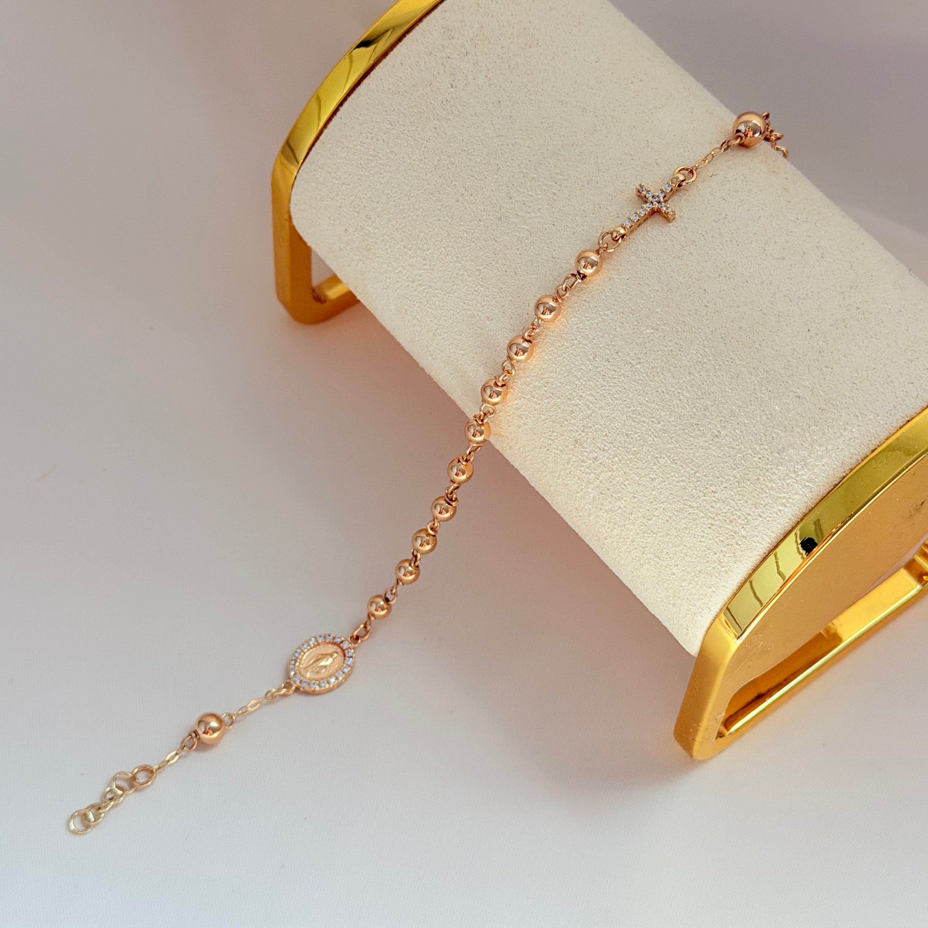Rosario Bracelet cross & virgin 14k adjustable